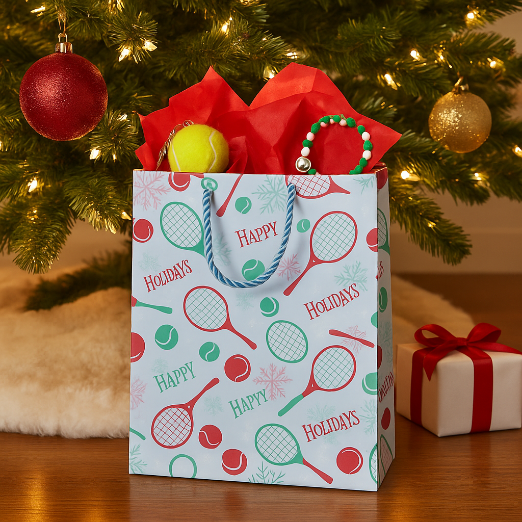 Festive tennis gift bag with red and green rackets and tennis balls, perfect for tennis lovers this holiday season.