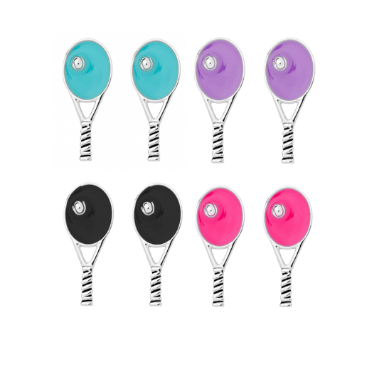 Set of tennis racquet stud earrings in turquoise, purple, black, pink, and peach