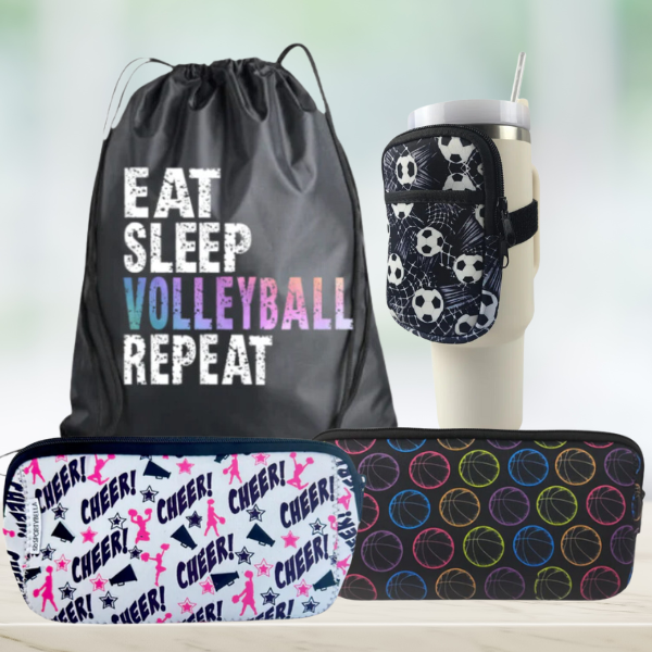 drawstring back, water bottle pouch, and cosmetic bags