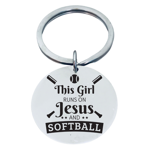 Softball Keychain - This Girl Runs on Jesus and Softball