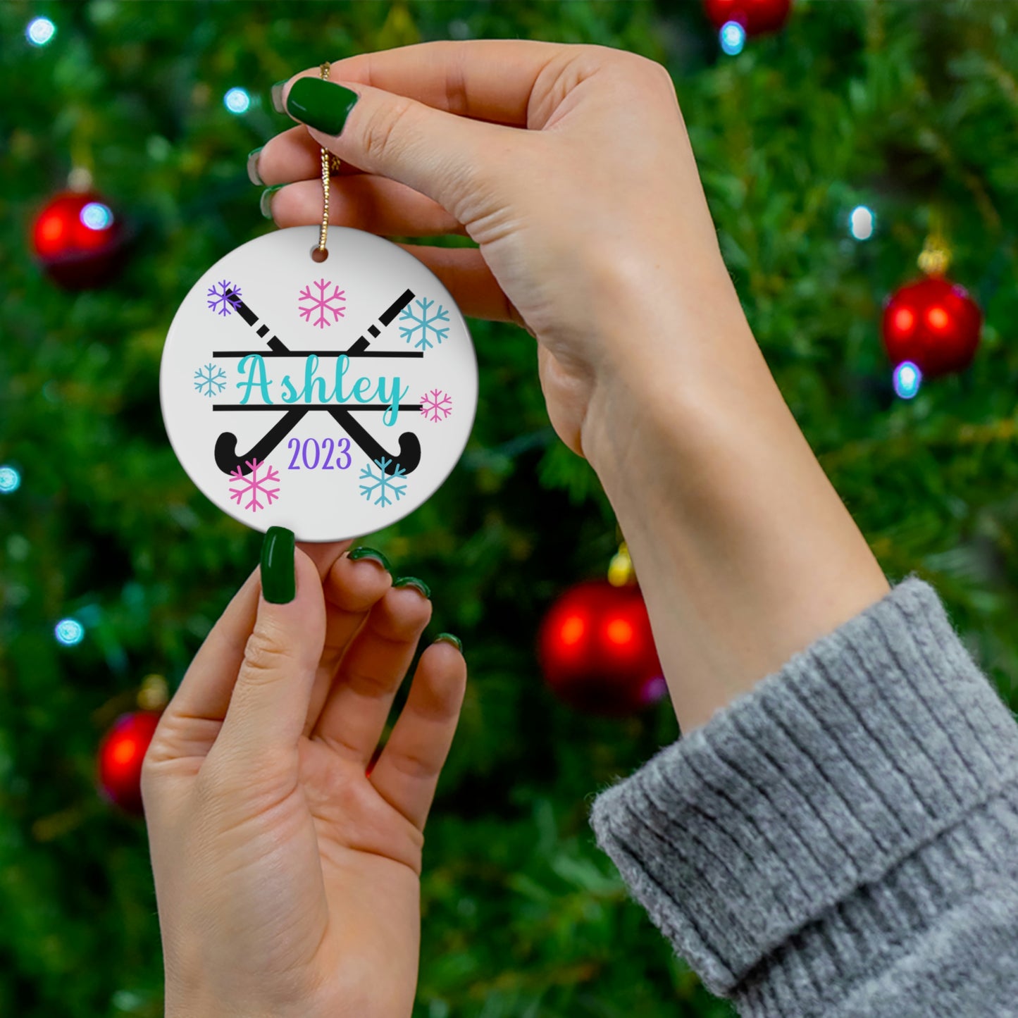 Field Hockey Ornament, Personalized Field Hockey Christmas Ornament, 2023 Ceramic Tree Ornament for Women, Gift for Mom, Wife, Grandma