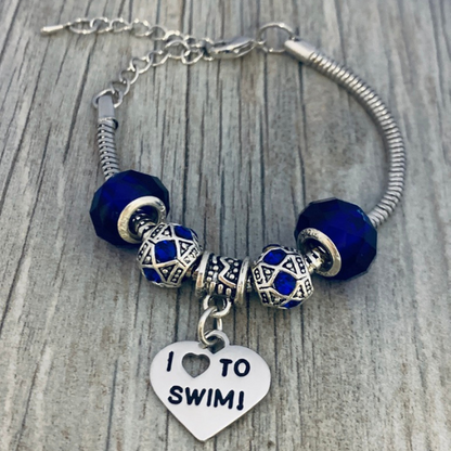 Beaded Charm Bracelet - "I Love to Swim"
