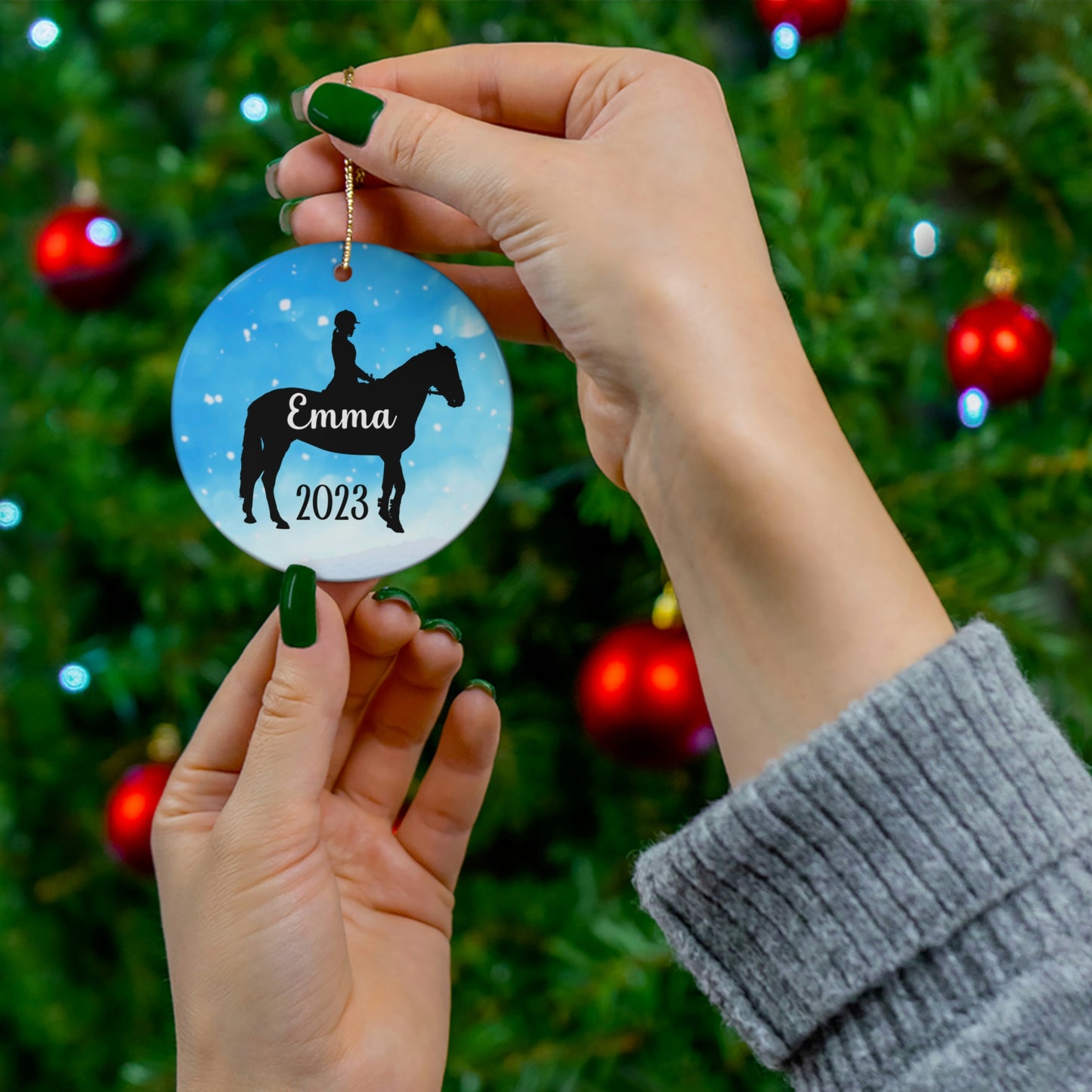 Equestrian Ornament, Personalized Christmas Ceramic Horseback Riding Christmas Tree Ornament, Gifts for Horse Lovers
