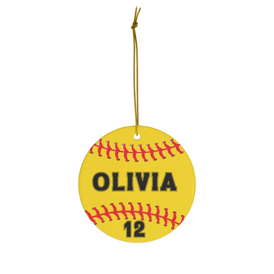 Personalized Yellow Softball Christmas Ornament