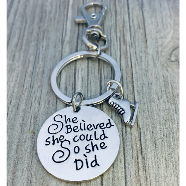 girls Figure Skating Zipper Pull Keychain - She Believed She Could So She Did