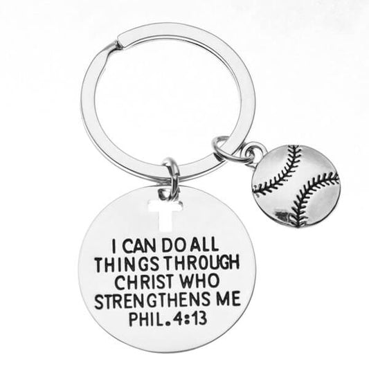 Baseball Faith Charm Keychain, I Can Do All Things Through Christ Who Strengthens Me - Sportybella