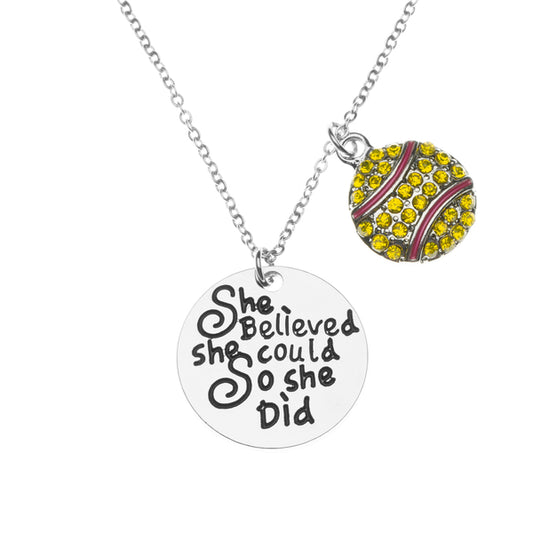 Softball Necklace - She Believed She Could So She Did with Rhinestone Charm