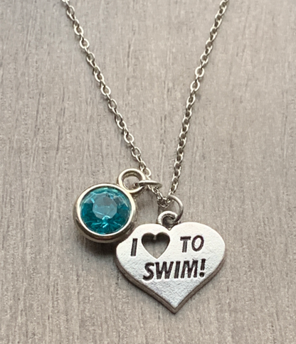 I Love to Swim Necklace with Birthstone Charm