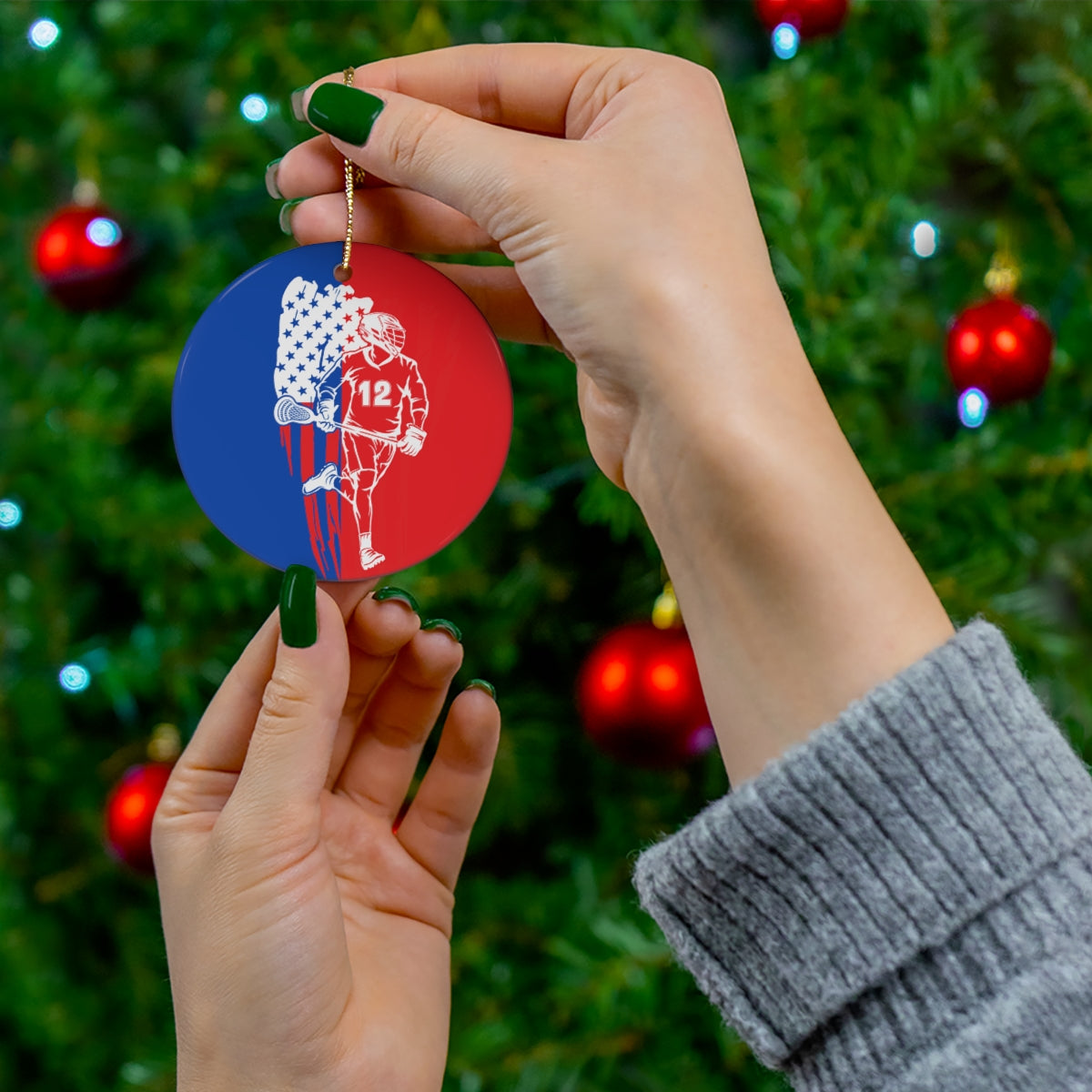 Personalized Boys Lacrosse Flag Christmas Ornament