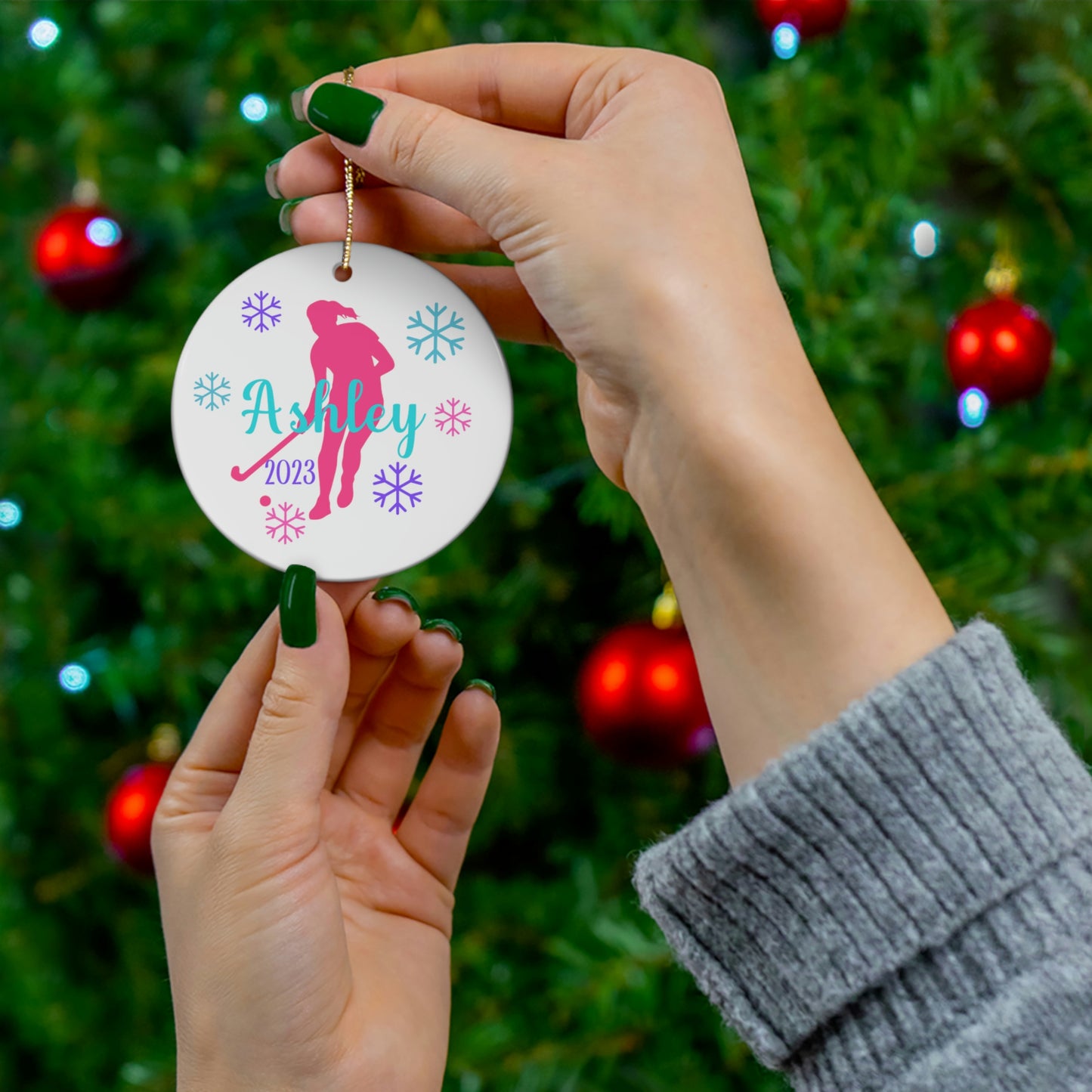 Field Hockey Ornament, Personalized Field Hockey Christmas Ornament, 2023 Ceramic Tree Ornament for Women, Gift for Mom, Wife, Grandma