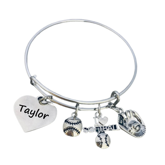 Girls Personalized Silver Plated Adjustable Softball Bracelet with Engraved Charm