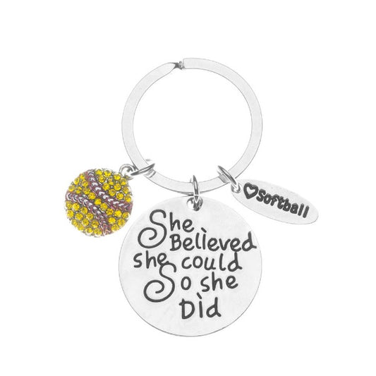 Softball Keychain with Rhinestone Charm - She Believed She Could So She Did