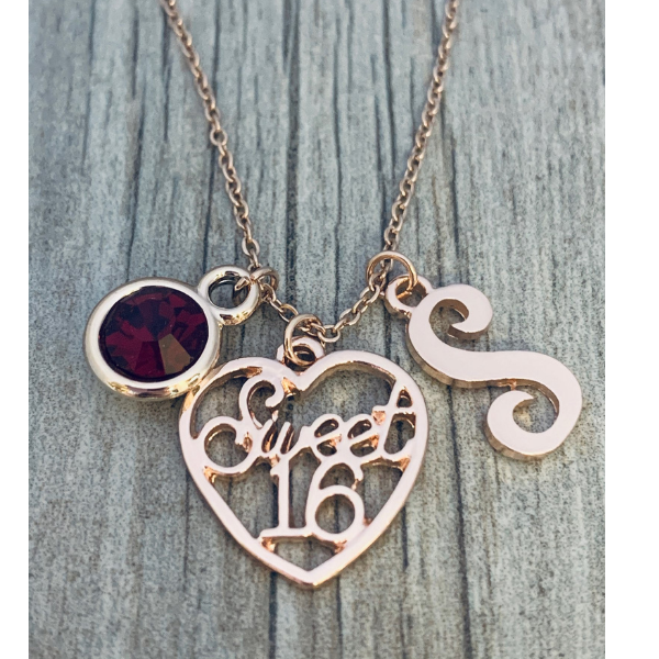 Personalized Rose Gold Sweet 16 Charm Birthday Necklace with Letter & Birthstone