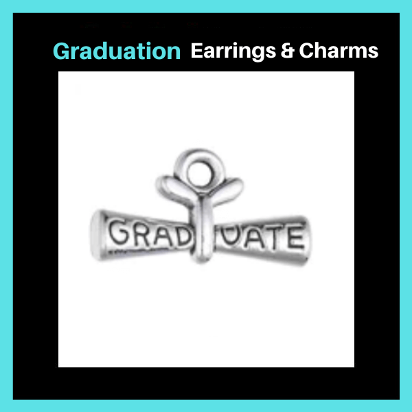 collection of graduation earrings and charms