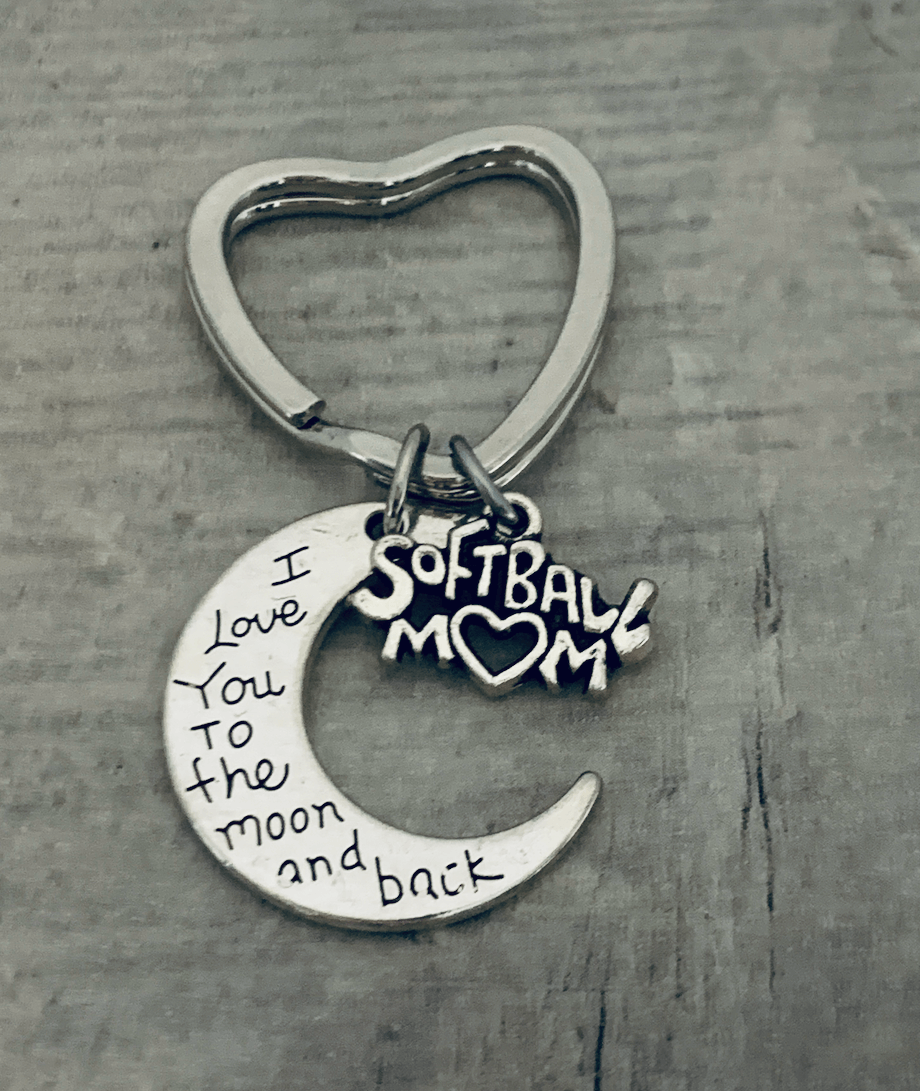 Softball mom keychain with a moon charm