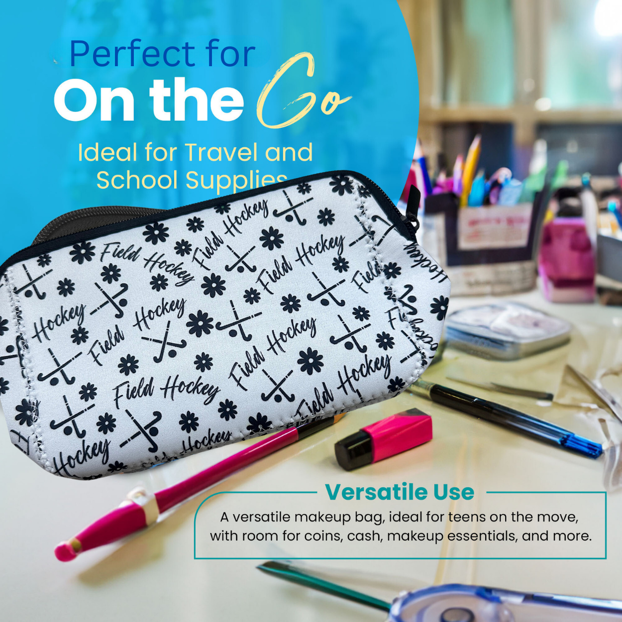 Field Hockey Black Cosmetic Bag