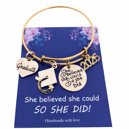Rose Gold Graduation Bracelet - 2026 She Believed She Could So She Did Bangle