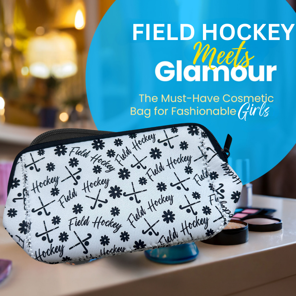 Field Hockey Black Cosmetic Bag