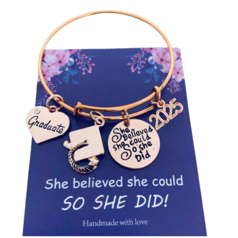 Rose Gold Graduation Bracelet - 2025 She Believed She Could So She Did Bangle