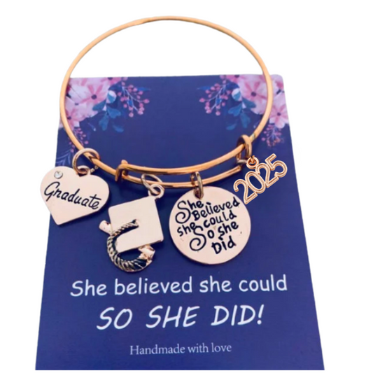Rose Gold Graduation Bracelet - 2025 She Believed She Could So She Did Bangle