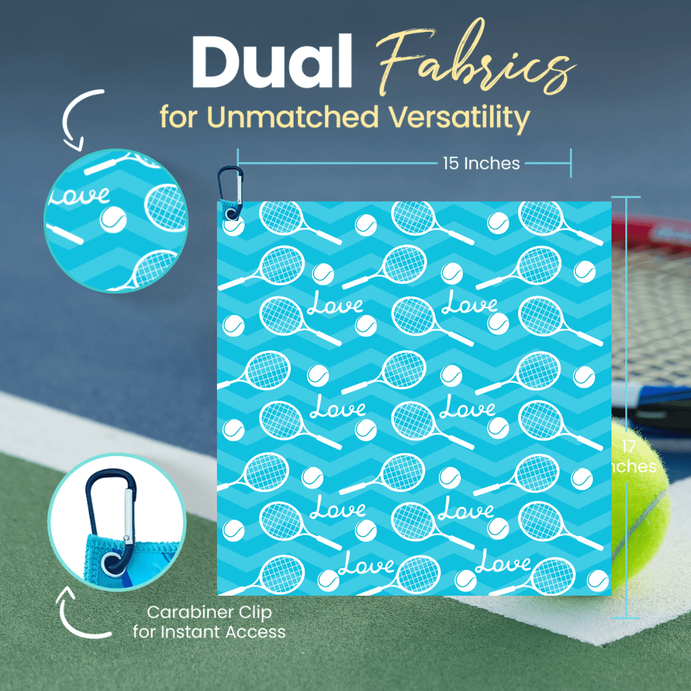 Tennis Love Towel - Microfiber & Cotton Athletic Towels with Carabiner Clip