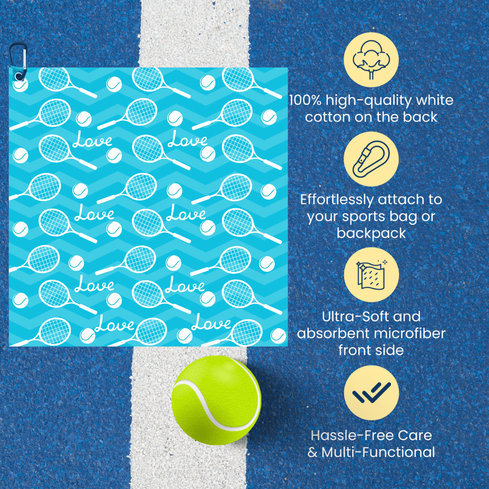 Tennis Love Towel - Microfiber & Cotton Athletic Towels with Carabiner Clip