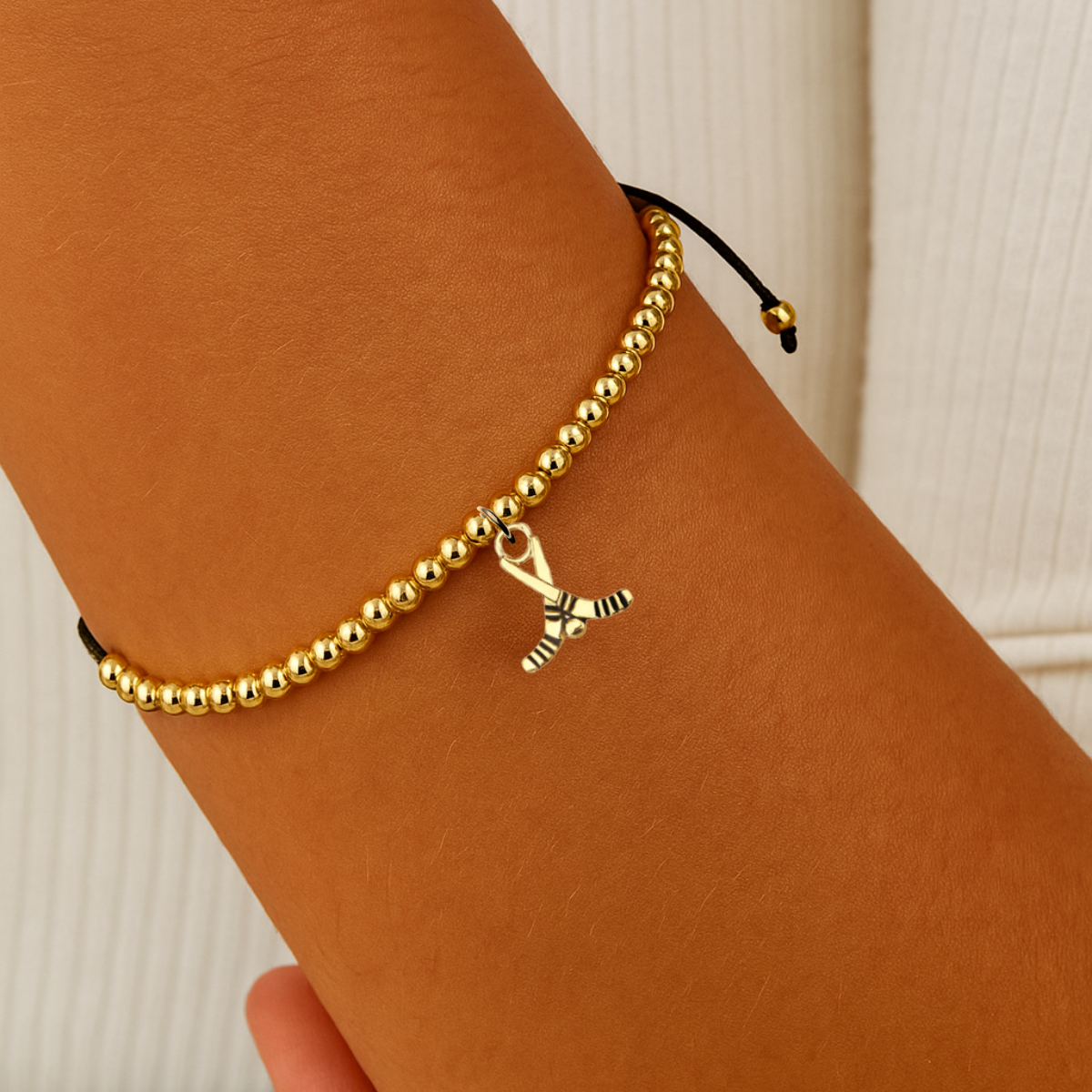 Ice Hockey Beaded Gold Hanging Charm Slider Bracelet