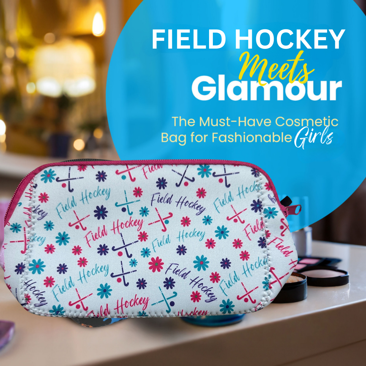 Field Hockey Pink Flower Cosmetic Bag