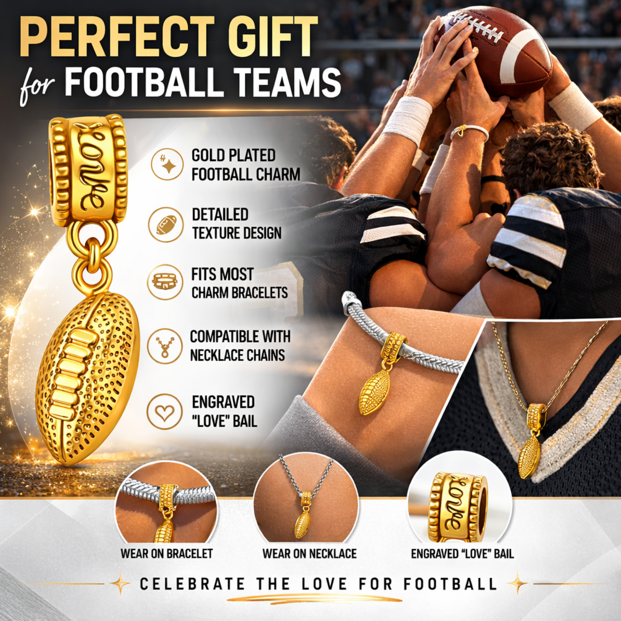 Football Gold Charm Bead