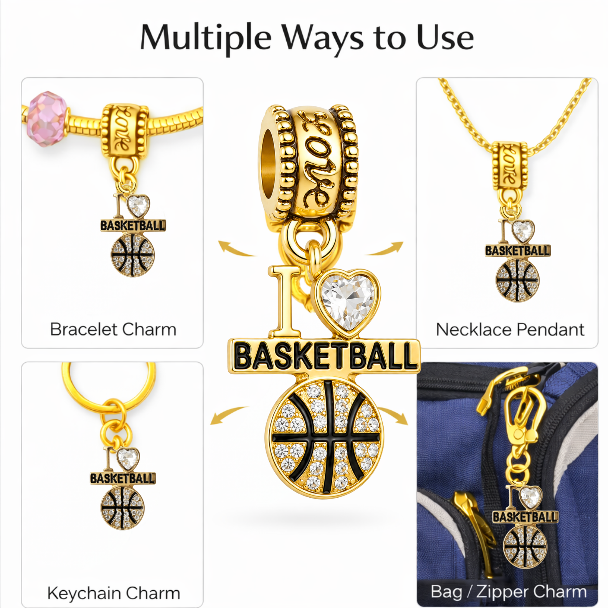 I <3 Basketball CZ Charm Bead - Pick Color