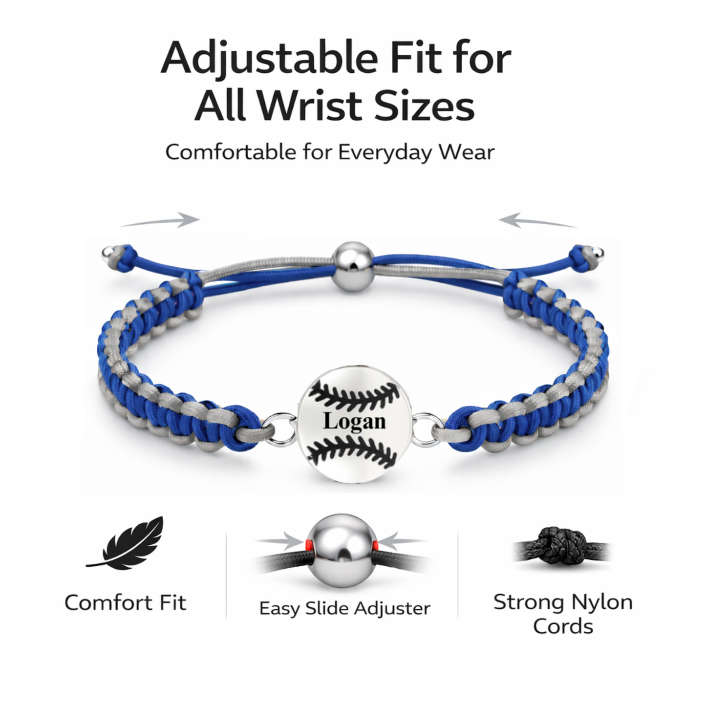 Personalized Multi Colored Baseball Charm Connector Rope Bracelet - Pick Colors