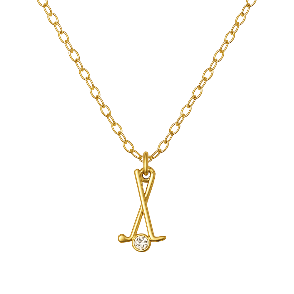 Gold Golf Club Charm Necklace with gemstone, perfect golf gift and accessory for women and teens.