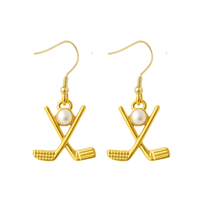 Gold hockey stick earrings with pearl, perfect accessory for sports enthusiasts and unique gift idea.