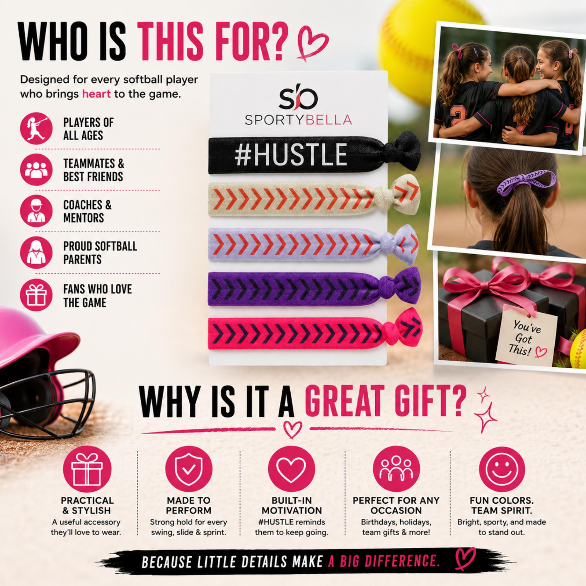 Girls Softball Hair Ties Set- Hustle