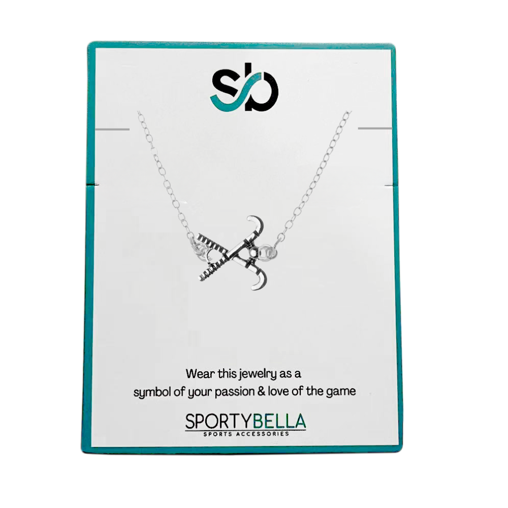 Sportybella branded jewelry card displaying silver connector field hockey necklace