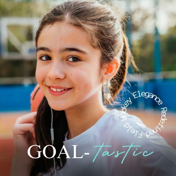 Teen girl wearing field hockey earrings, perfect sporty jewelry gift for players and fans