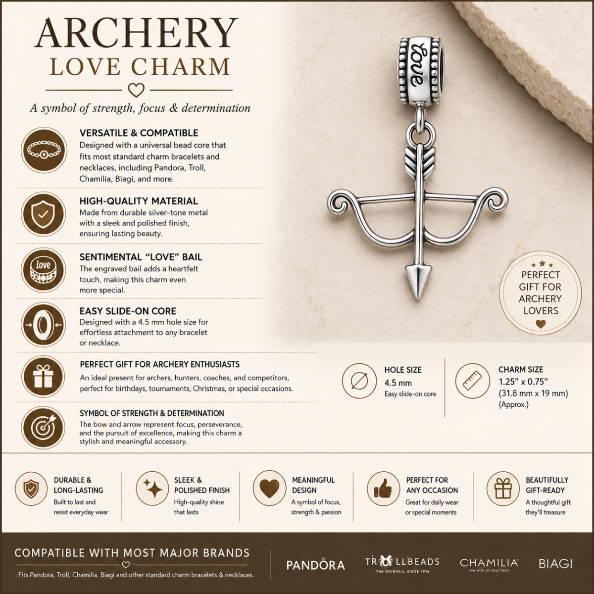 Archery Bow & Arrow Charm Bead