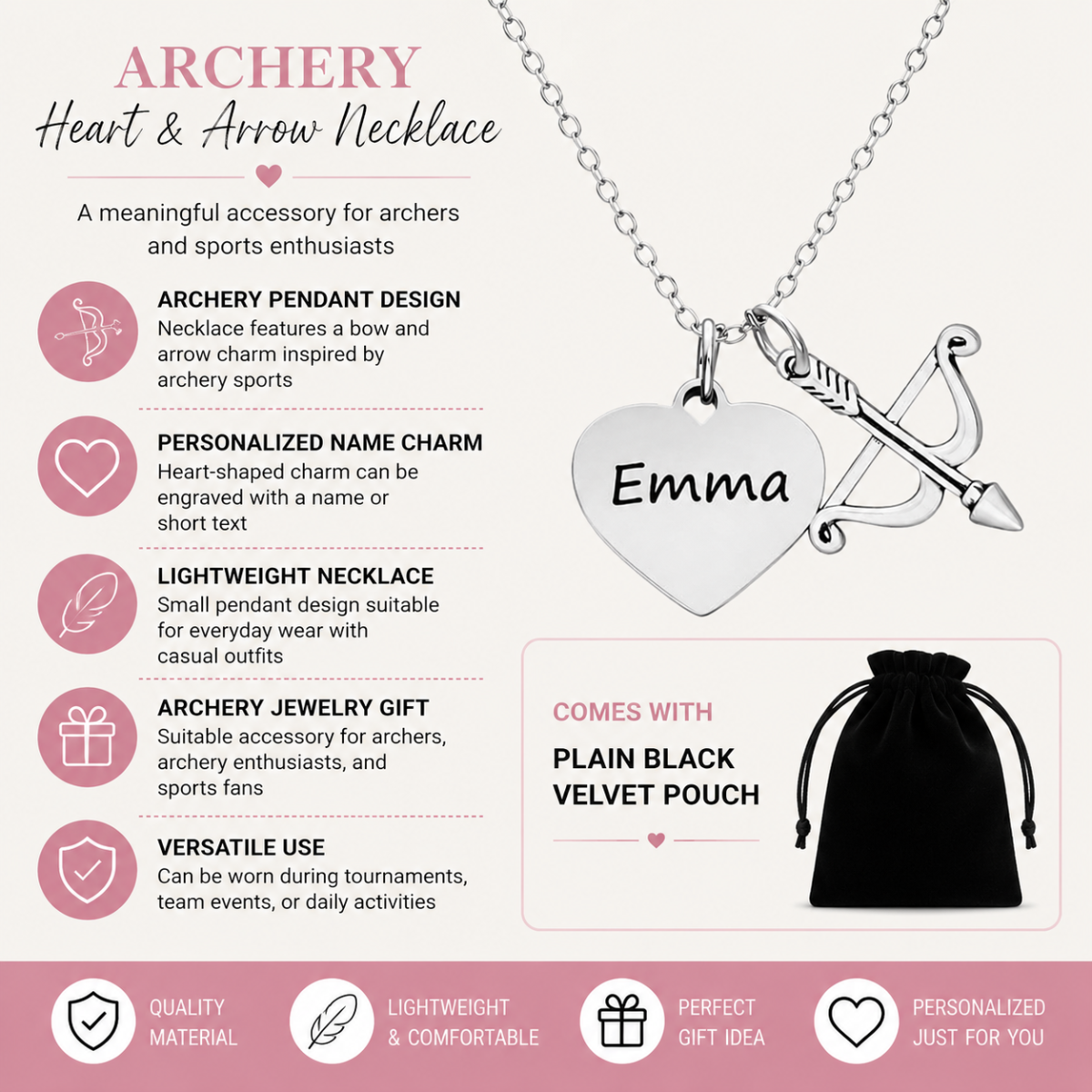 Personalized Archery Necklace – Custom Name Bow & Arrow Necklace