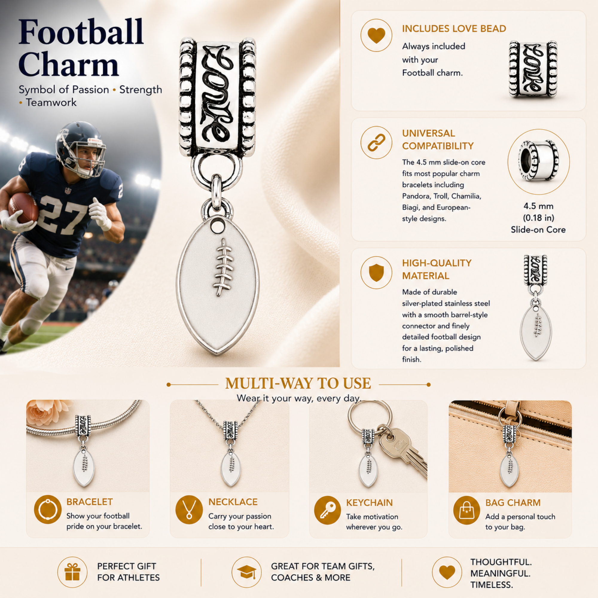 Football Charm Bead - Pick Style