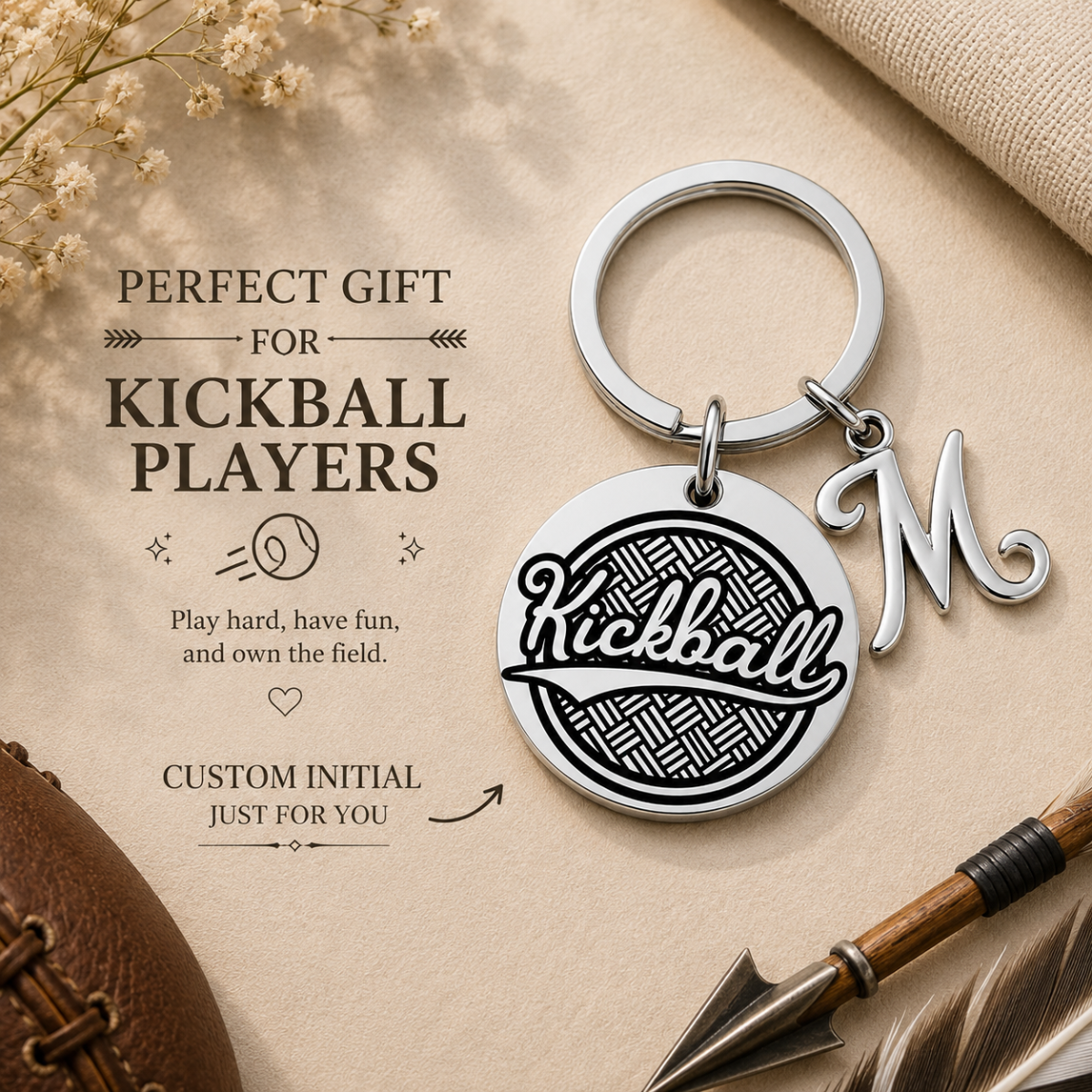 Personalized Kickball Charm Keychain with Initial Letter