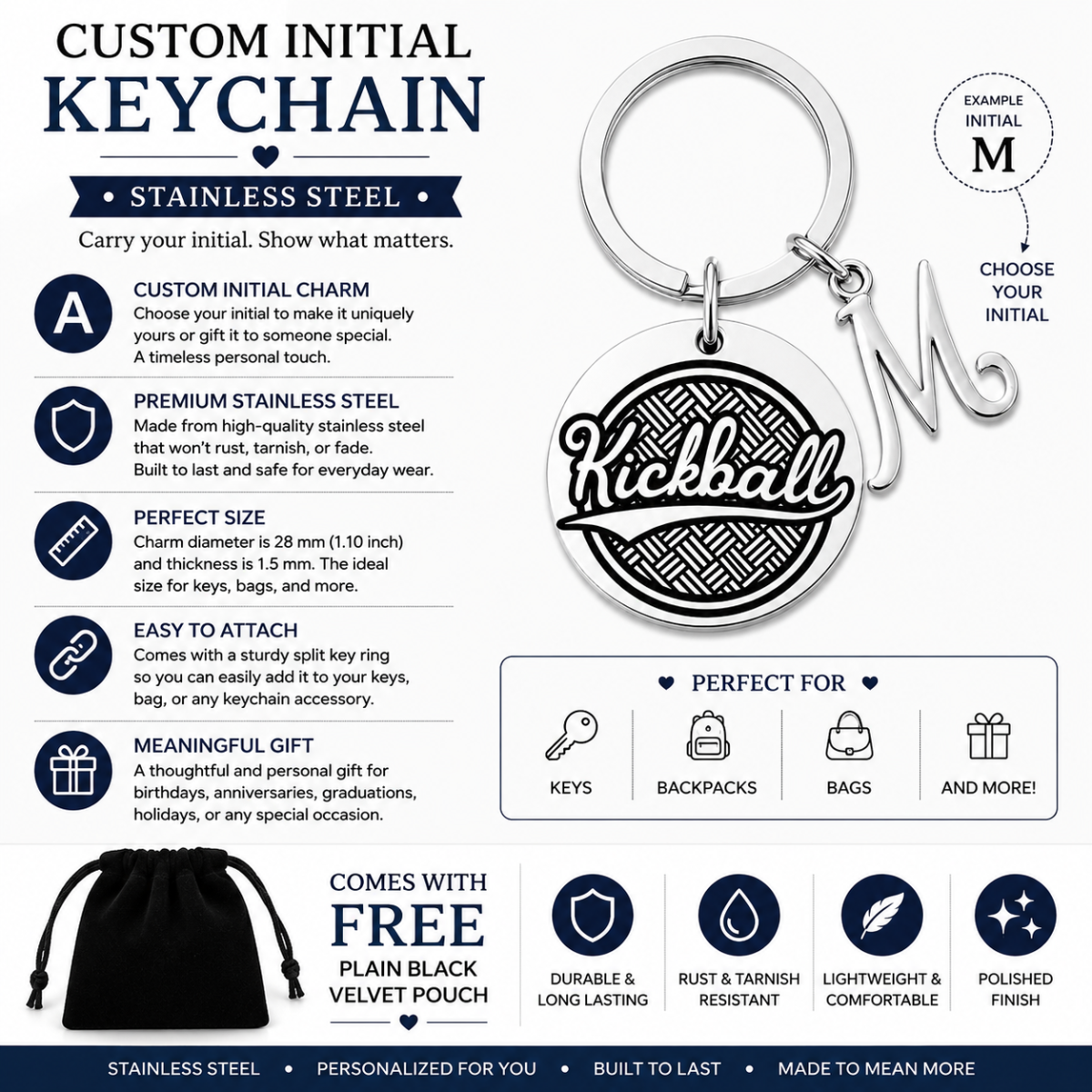 Personalized Kickball Charm Keychain with Initial Letter