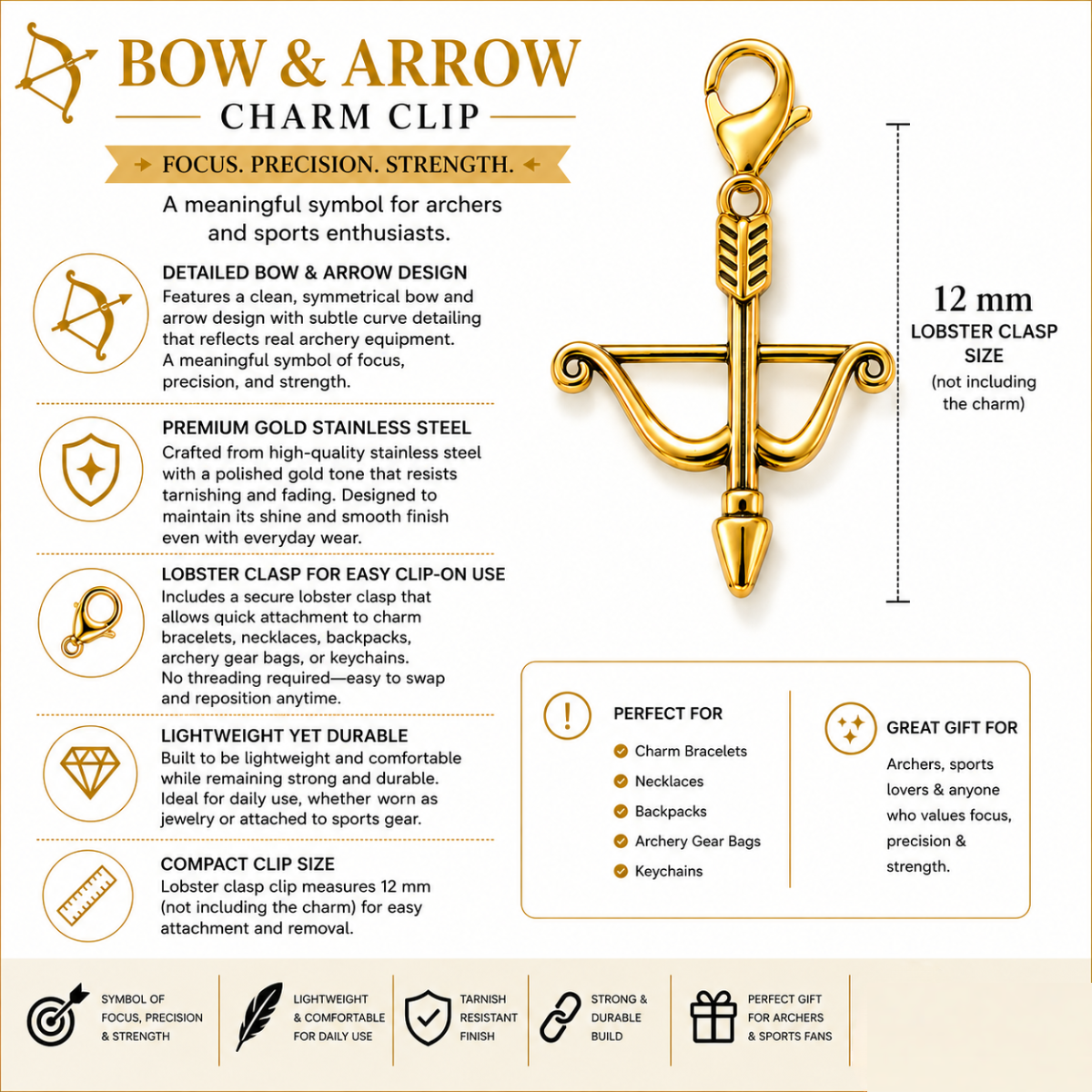 Archery Bow & Arrow Clip On Zipper Pull