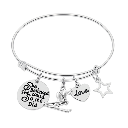 She Believed She Could So She Did Ski Bracelet – Inspirational Bangle with Skier, Love & Star Charms | Sportybella