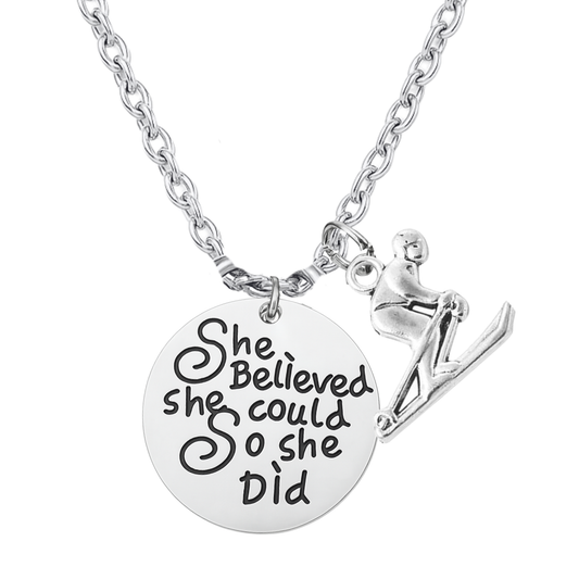 She Believed She Could So She Did Ski Necklace – Inspirational Skier Pendant | Sportybella