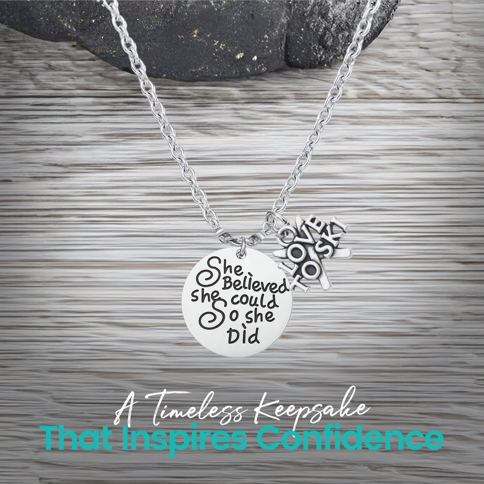 She Believed She Could So She Did Ski Necklace – Inspirational Skier Pendant | Sportybella