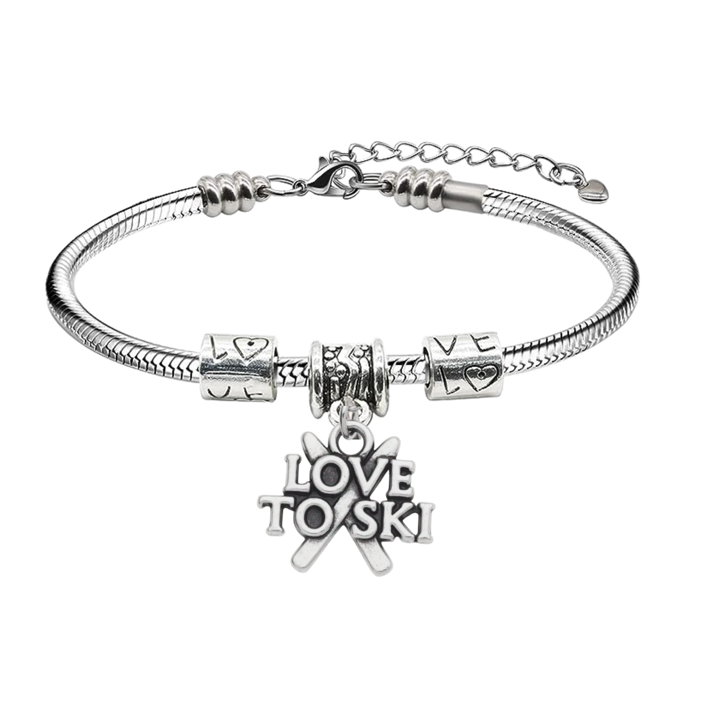 Love to Ski Bracelet – Snake Chain Ski Charm Bracelet with Extender | Sportybella