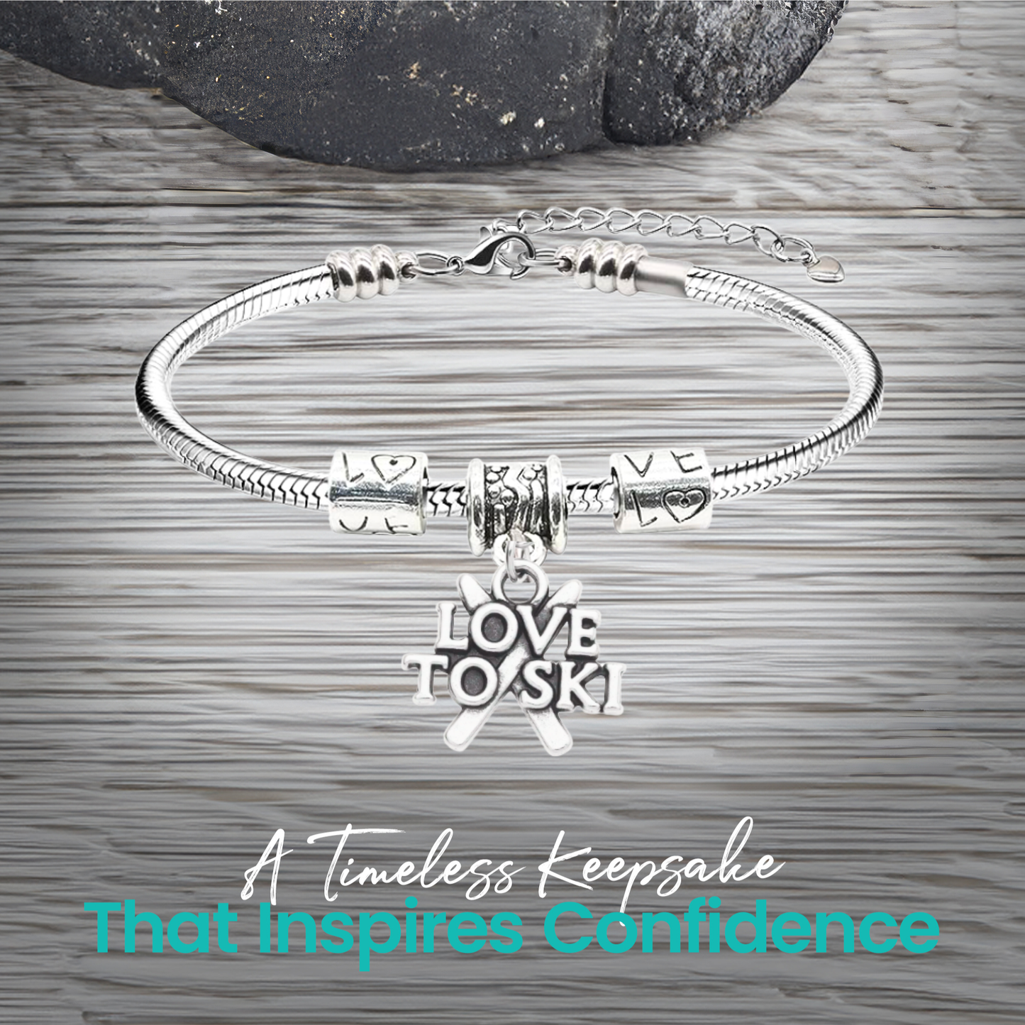 Love to Ski Bracelet – Snake Chain Ski Charm Bracelet with Extender | Sportybella