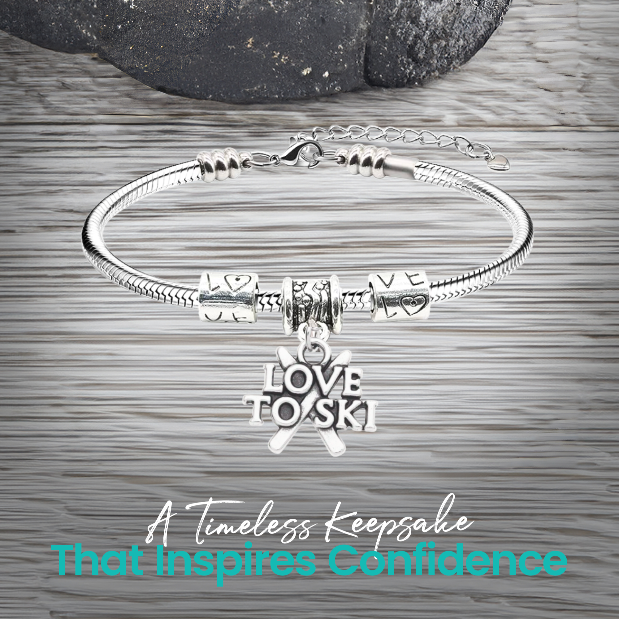Love to Ski Bracelet – Snake Chain Ski Charm Bracelet with Extender | Sportybella