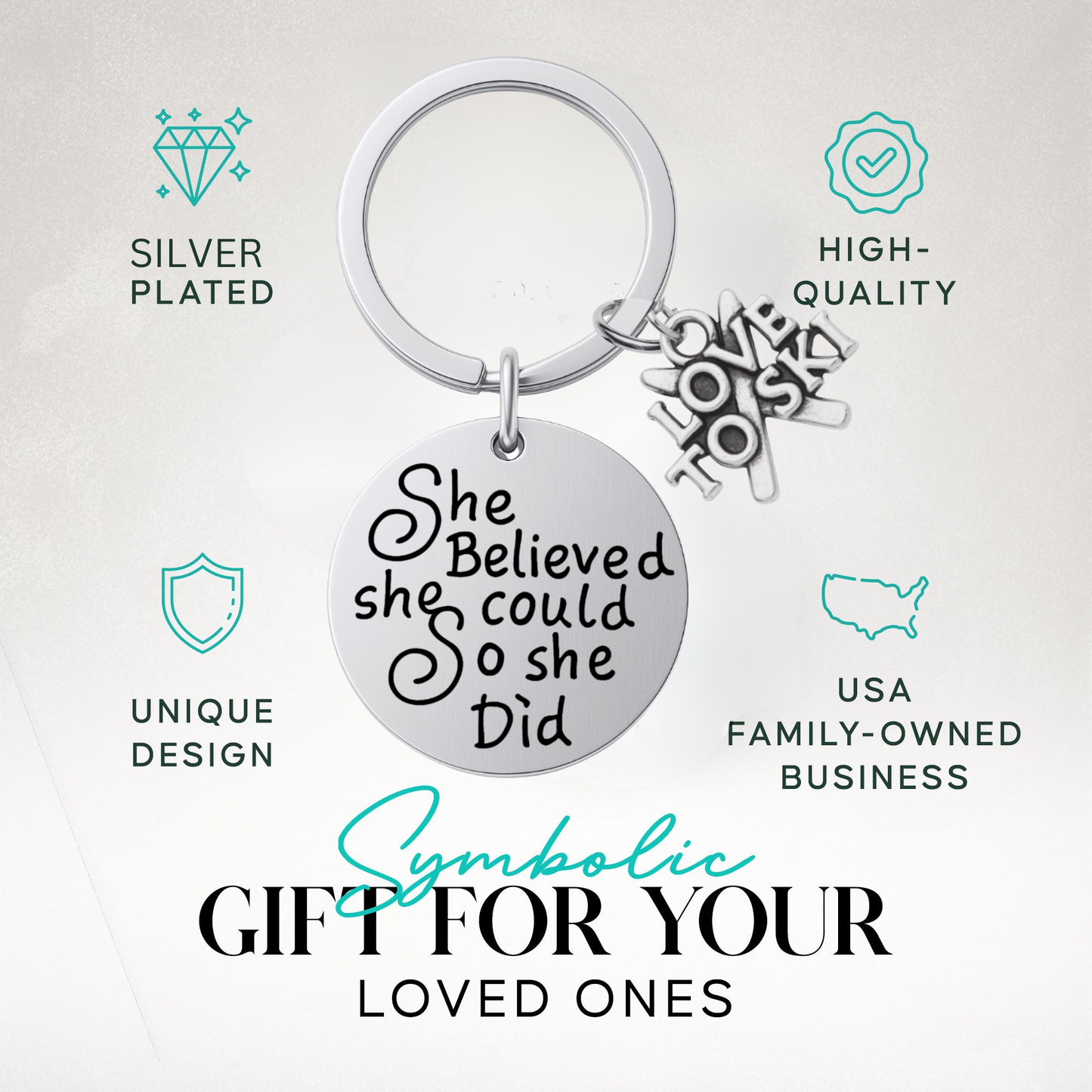 She Believed She Could So She Did Keychain – Ski, Snowboard & Love to Ski Inspirational Keychain | Sportybella
