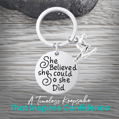 She Believed She Could So She Did Keychain – Ski, Snowboard & Love to Ski Inspirational Keychain | Sportybella